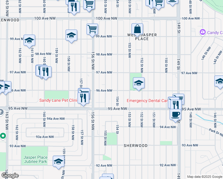 map of restaurants, bars, coffee shops, grocery stores, and more near 9612 154 Street in Edmonton