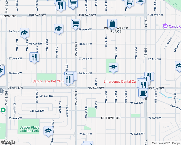 map of restaurants, bars, coffee shops, grocery stores, and more near 9612 154 Street in Edmonton