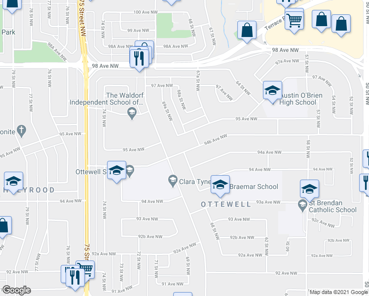 map of restaurants, bars, coffee shops, grocery stores, and more near 6820 94B Avenue Northwest in Edmonton
