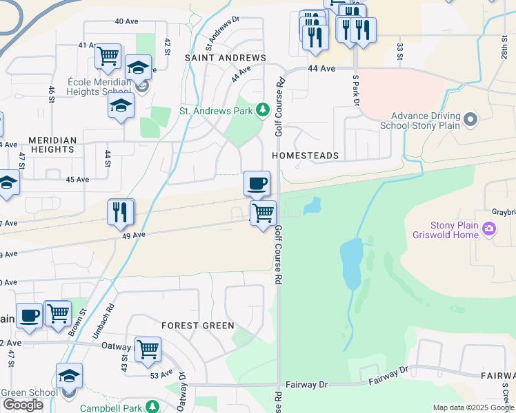 map of restaurants, bars, coffee shops, grocery stores, and more near 3805 49 Avenue in Stony Plain