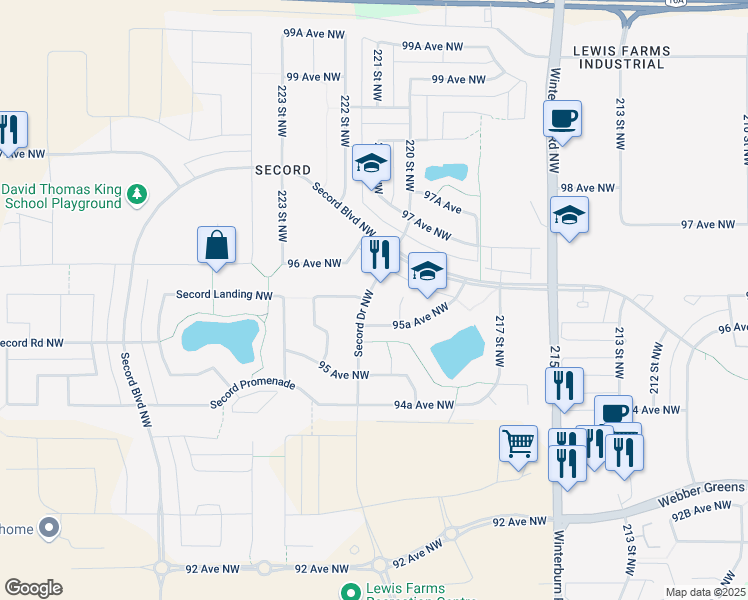 map of restaurants, bars, coffee shops, grocery stores, and more near 241 Secord Drive Northwest in Edmonton