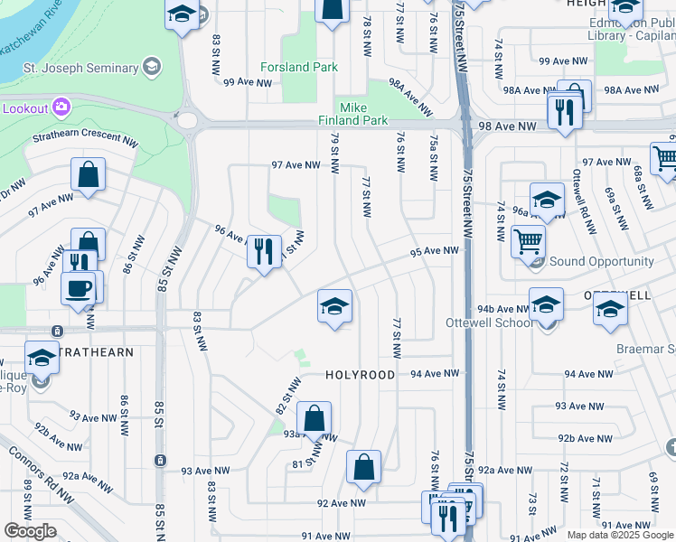map of restaurants, bars, coffee shops, grocery stores, and more near 9506 79 Street Northwest in Edmonton