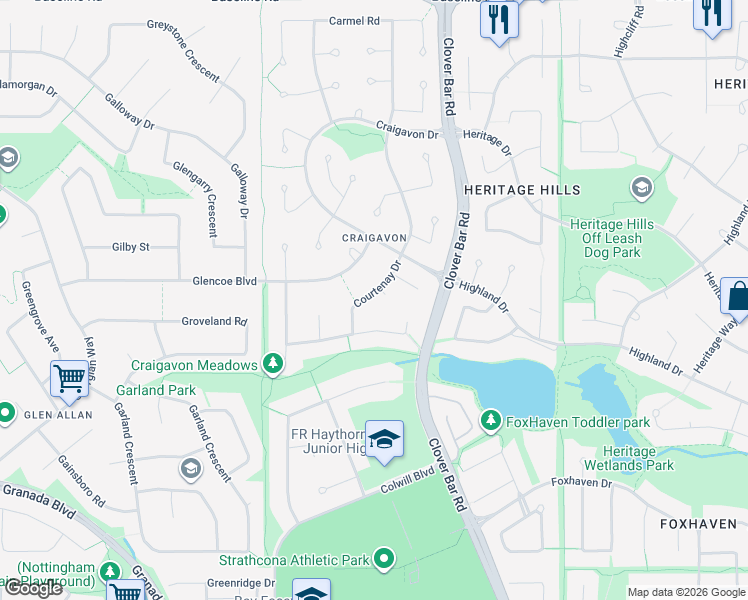 map of restaurants, bars, coffee shops, grocery stores, and more near 69 Courtenay Drive in Sherwood Park