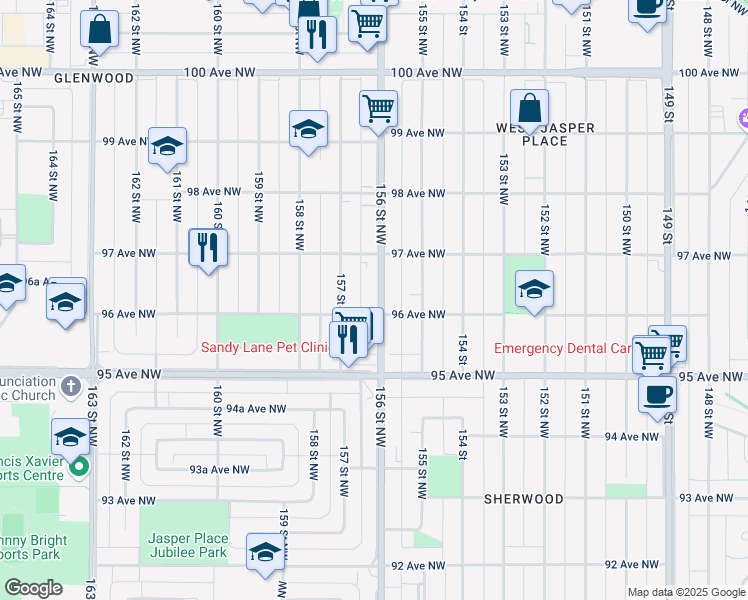 map of restaurants, bars, coffee shops, grocery stores, and more near 9612 156 Street Northwest in Edmonton