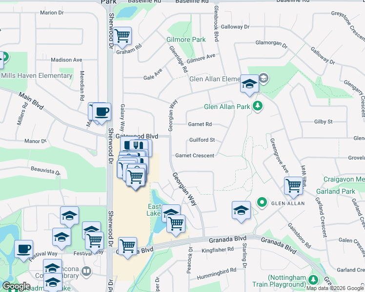 map of restaurants, bars, coffee shops, grocery stores, and more near 6 Guilford Street in Sherwood Park