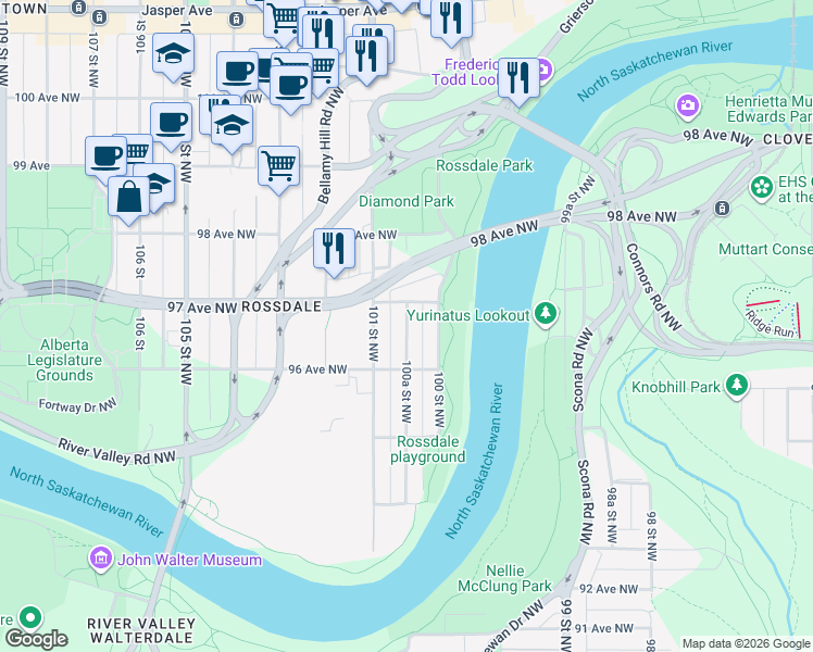 map of restaurants, bars, coffee shops, grocery stores, and more near 9634 100A Street Northwest in Edmonton
