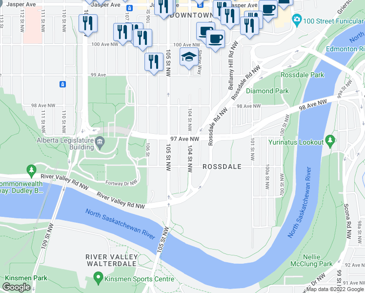 map of restaurants, bars, coffee shops, grocery stores, and more near 9640 104 Street Northwest in Edmonton