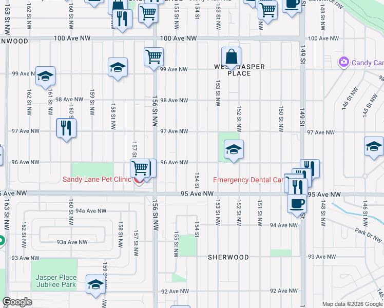 map of restaurants, bars, coffee shops, grocery stores, and more near 9612 154 Street in Edmonton