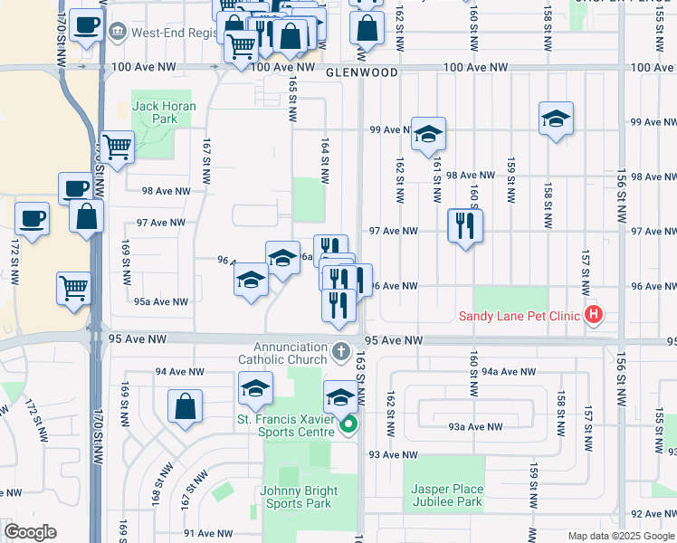 map of restaurants, bars, coffee shops, grocery stores, and more near 16315 96A Avenue Northwest in Edmonton