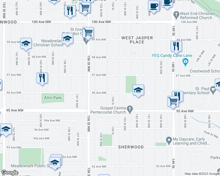 map of restaurants, bars, coffee shops, grocery stores, and more near 9612 154 Street in Edmonton