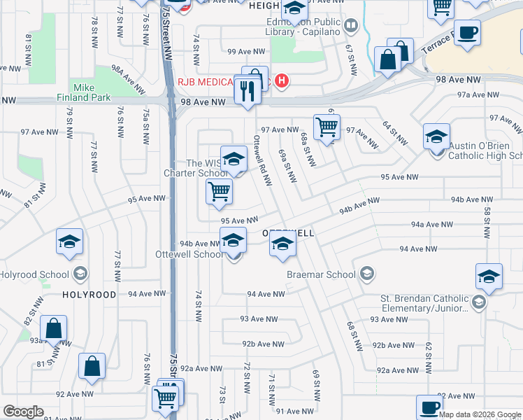 map of restaurants, bars, coffee shops, grocery stores, and more near 7108 95 Avenue Northwest in Edmonton