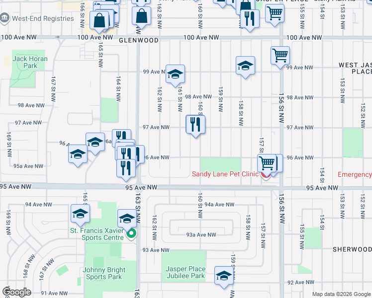 map of restaurants, bars, coffee shops, grocery stores, and more near 9612 160 Street Northwest in Edmonton