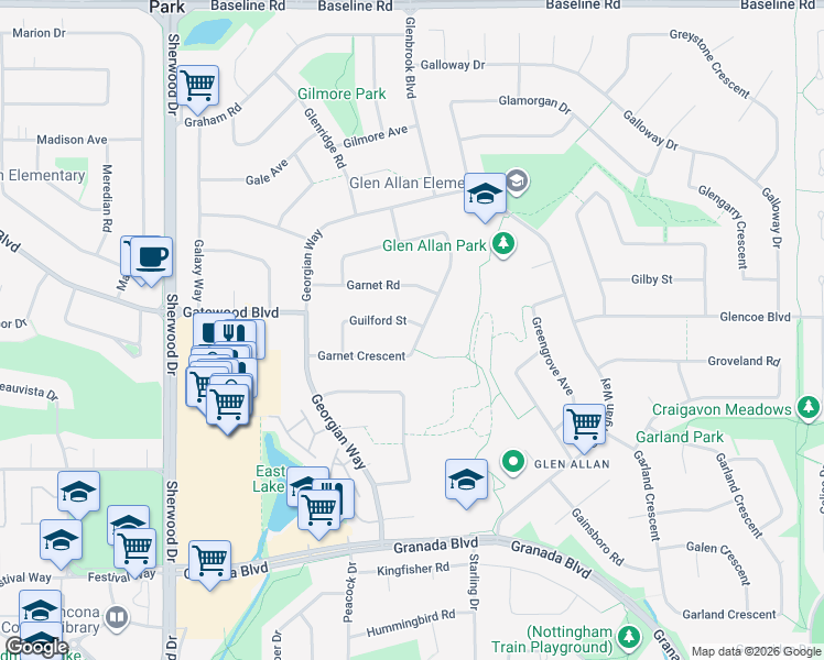 map of restaurants, bars, coffee shops, grocery stores, and more near 33 Guilford Street in Sherwood Park