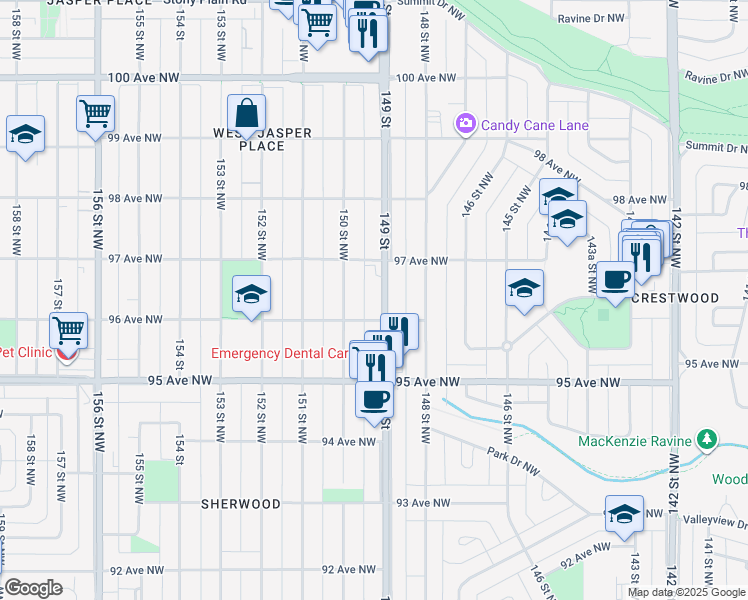 map of restaurants, bars, coffee shops, grocery stores, and more near 9610 149 Street Northwest in Edmonton