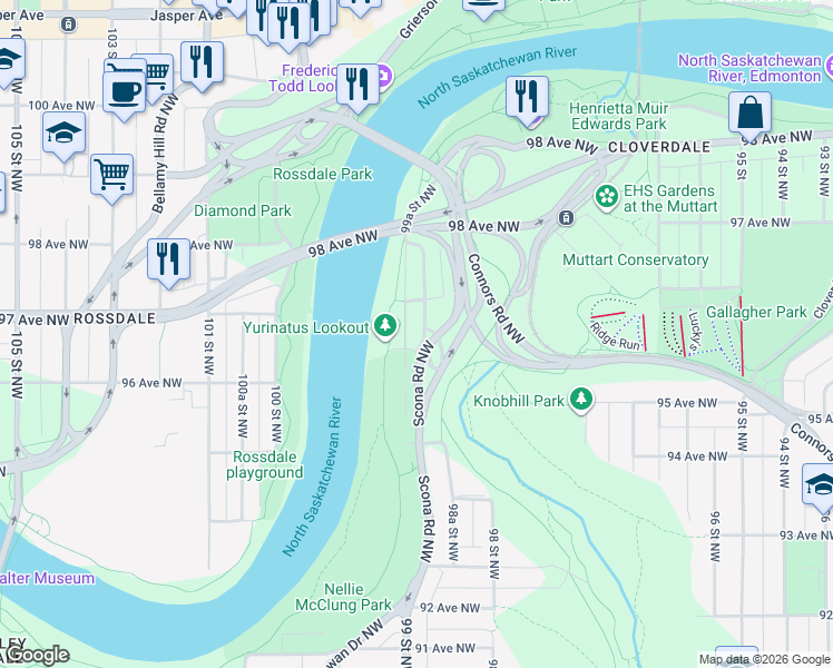 map of restaurants, bars, coffee shops, grocery stores, and more near 9512 99A Street Northwest in Edmonton