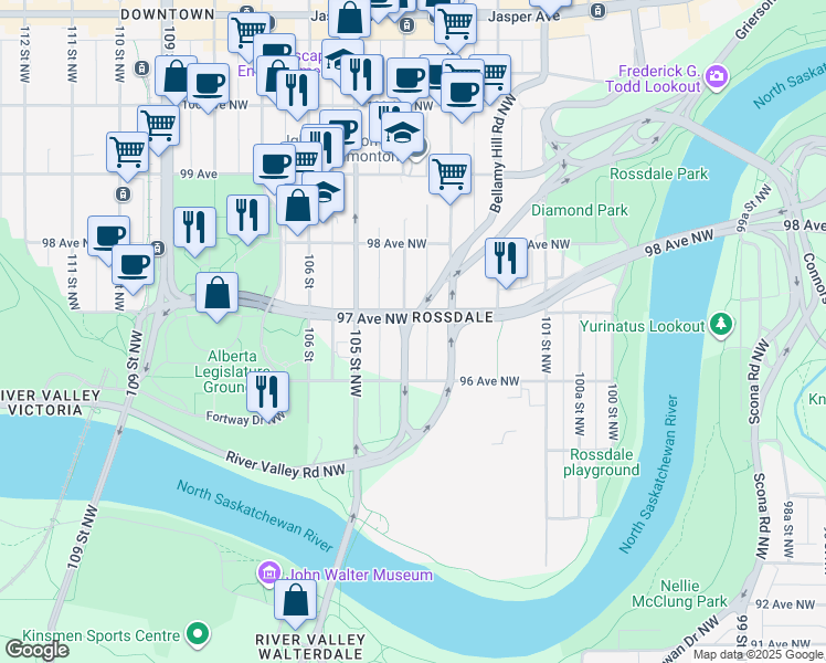 map of restaurants, bars, coffee shops, grocery stores, and more near 9645 104 Street Northwest in Edmonton