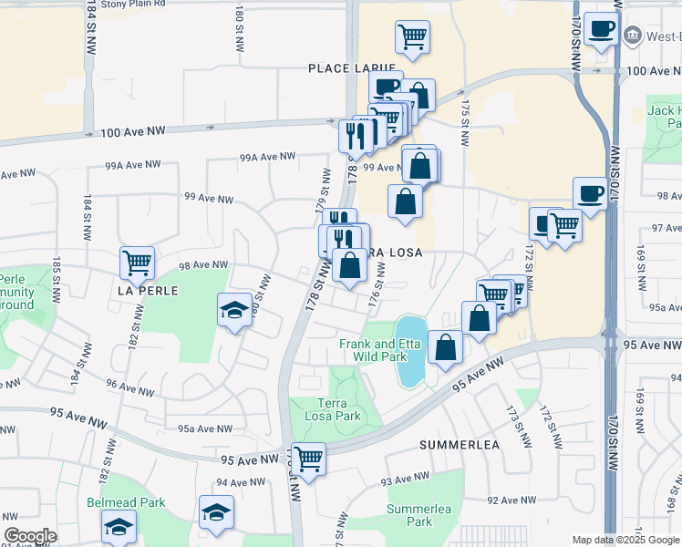 map of restaurants, bars, coffee shops, grocery stores, and more near 17751 98A Avenue Northwest in Edmonton