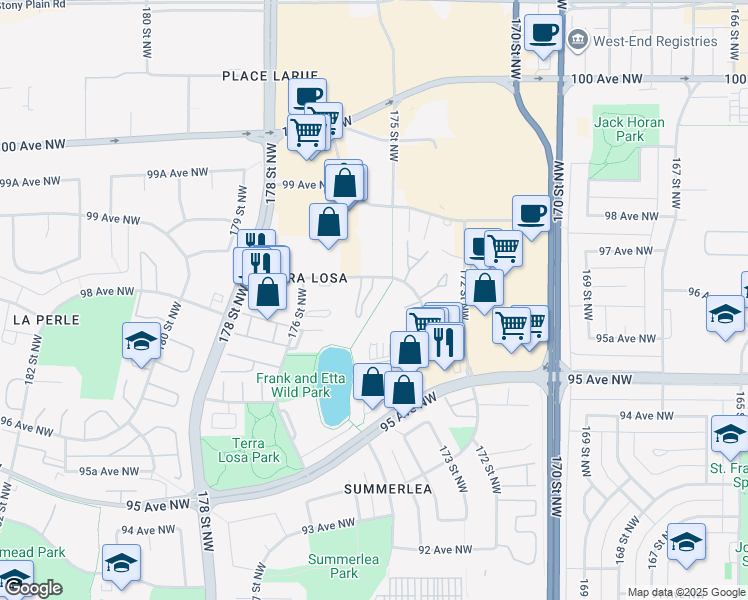 map of restaurants, bars, coffee shops, grocery stores, and more near 17447 98A Avenue Northwest in Edmonton