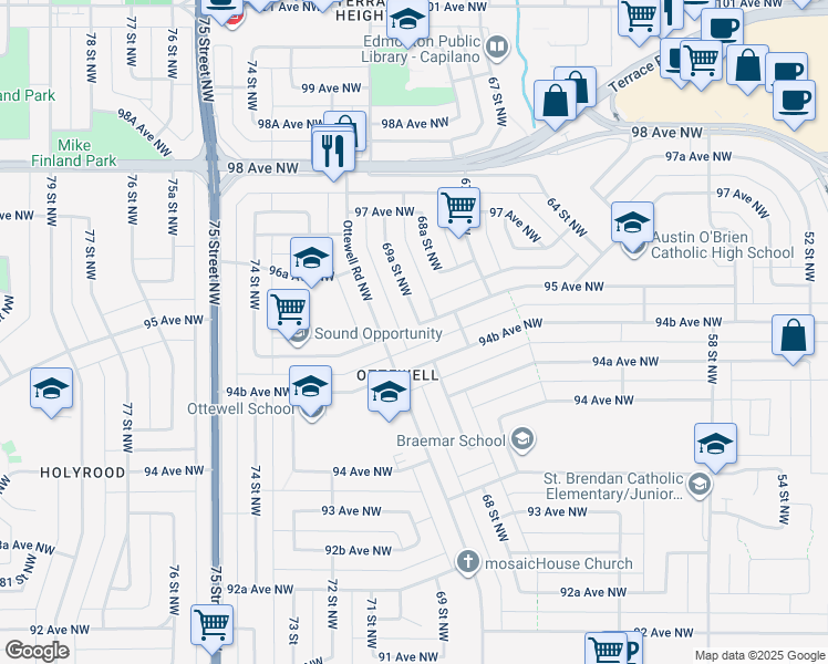 map of restaurants, bars, coffee shops, grocery stores, and more near 6820 94B Avenue Northwest in Edmonton