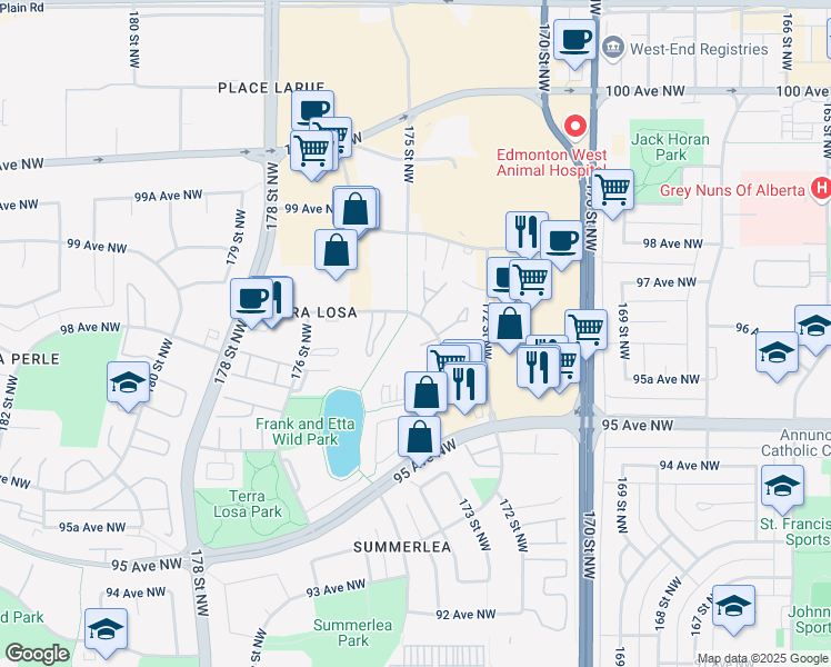 map of restaurants, bars, coffee shops, grocery stores, and more near 9760 174 Street Northwest in Edmonton