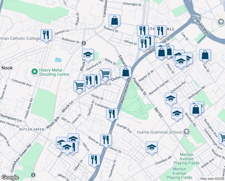 map of restaurants, bars, coffee shops, grocery stores, and more near Chester Street in Greater Manchester