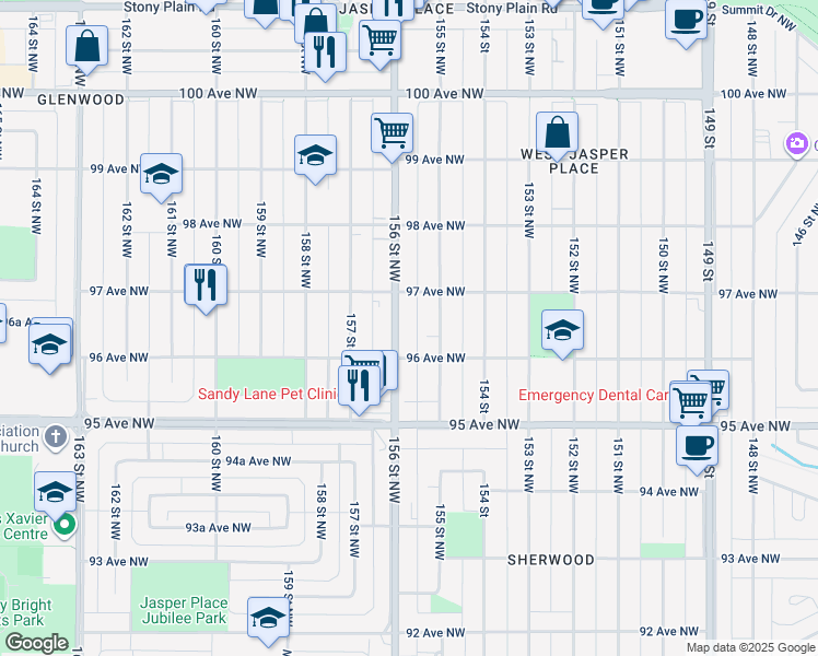 map of restaurants, bars, coffee shops, grocery stores, and more near 9612 156 Street Northwest in Edmonton