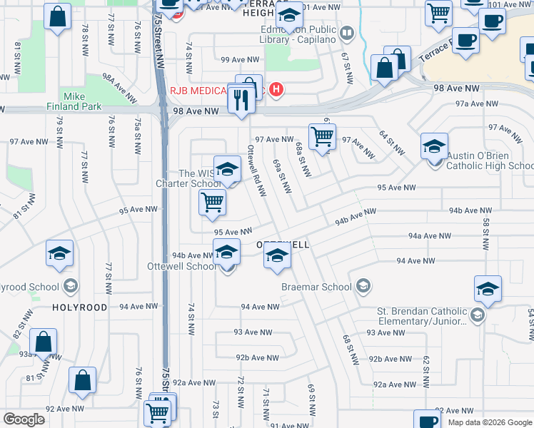 map of restaurants, bars, coffee shops, grocery stores, and more near 7108 95 Avenue Northwest in Edmonton