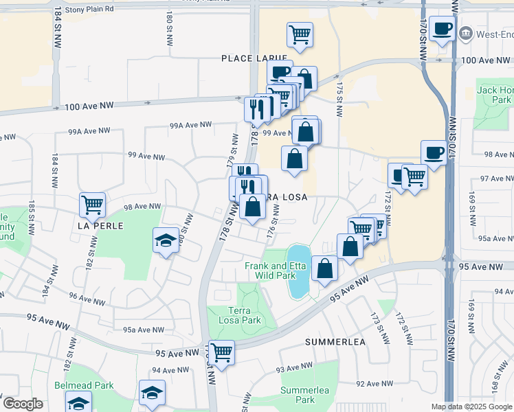 map of restaurants, bars, coffee shops, grocery stores, and more near 17751 98A Avenue Northwest in Edmonton