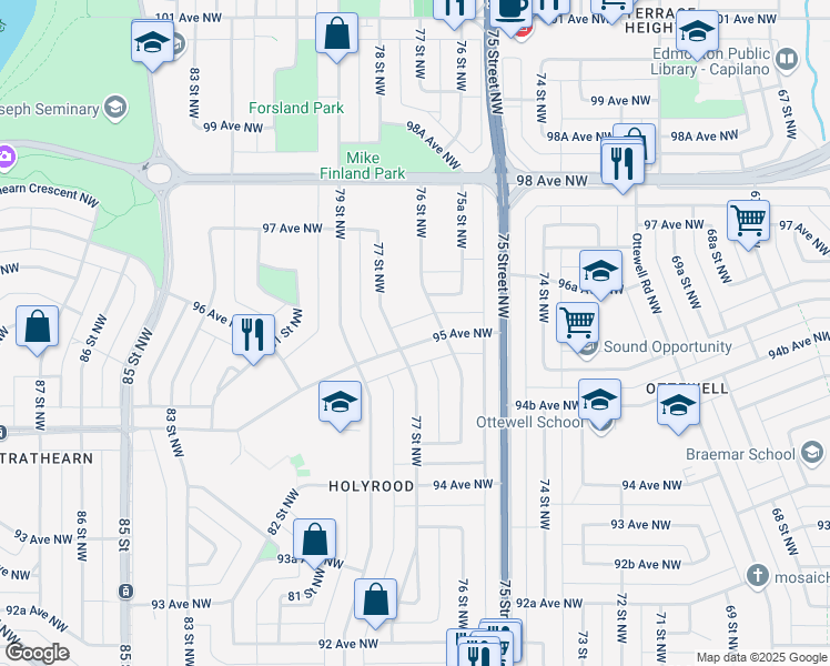 map of restaurants, bars, coffee shops, grocery stores, and more near 7616 95 Avenue Northwest in Edmonton