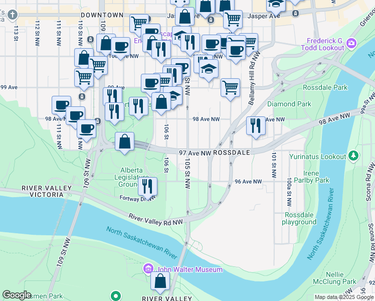 map of restaurants, bars, coffee shops, grocery stores, and more near 105 St NW & 97 Ave NW in Edmonton