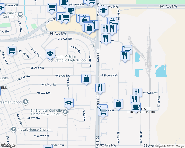 map of restaurants, bars, coffee shops, grocery stores, and more near 5103 94B Avenue Northwest in Edmonton
