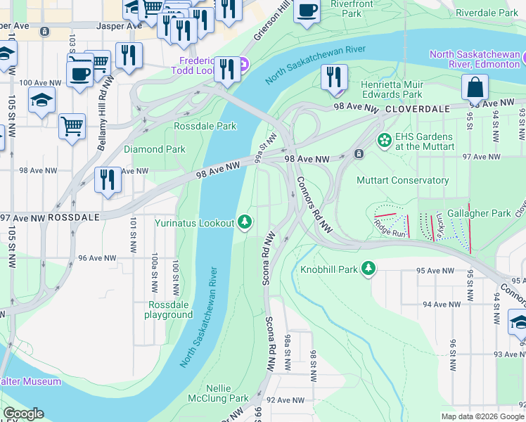 map of restaurants, bars, coffee shops, grocery stores, and more near 9512 99A Street Northwest in Edmonton