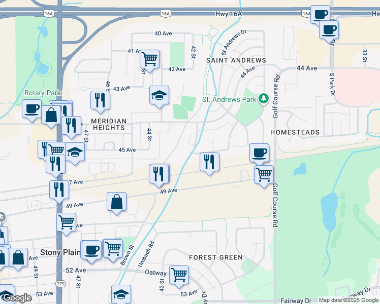map of restaurants, bars, coffee shops, grocery stores, and more near 5 Aberdeen Way in Stony Plain