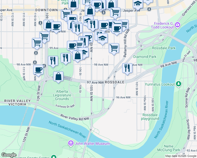 map of restaurants, bars, coffee shops, grocery stores, and more near 10410 97 Avenue Northwest in Edmonton