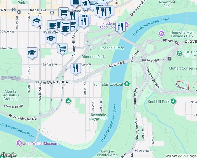 map of restaurants, bars, coffee shops, grocery stores, and more near 10010 97 Avenue Northwest in Edmonton