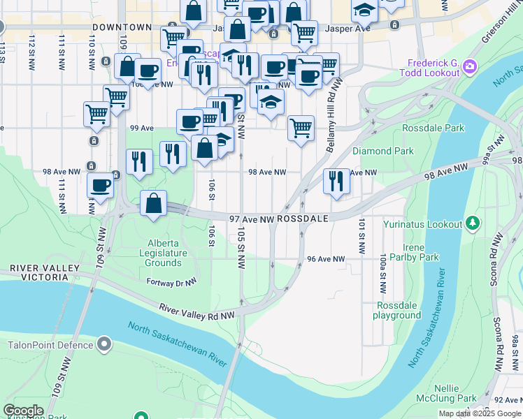 map of restaurants, bars, coffee shops, grocery stores, and more near 9731 105 Street Northwest in Edmonton