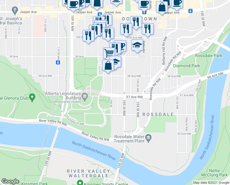 map of restaurants, bars, coffee shops, grocery stores, and more near 9732 105 Street Northwest in Edmonton