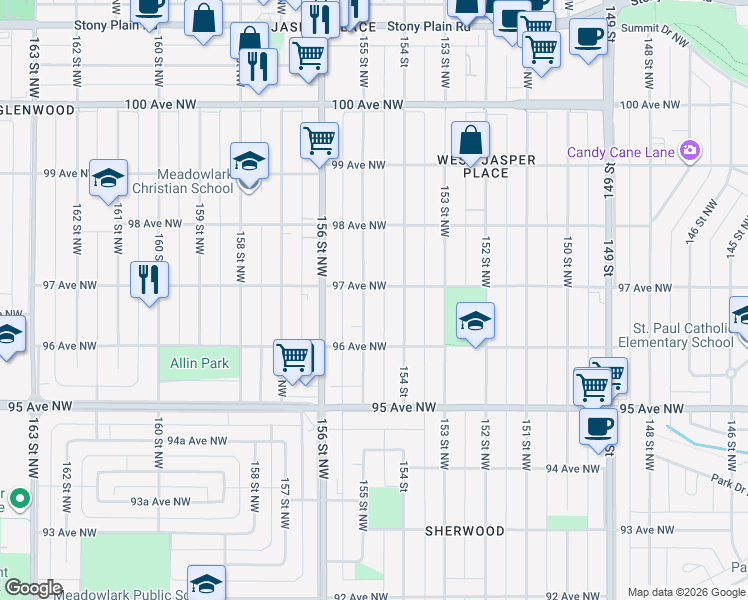 map of restaurants, bars, coffee shops, grocery stores, and more near 9714 154 Street in Edmonton