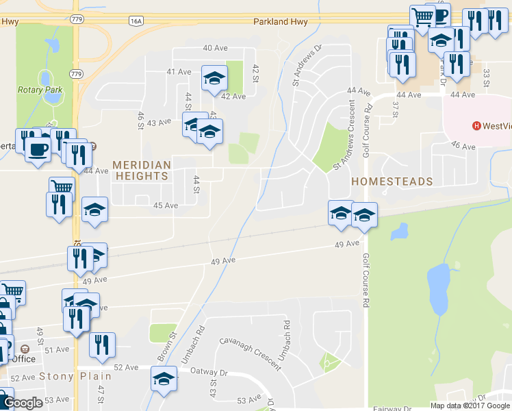 map of restaurants, bars, coffee shops, grocery stores, and more near 1 Aberdeen Way in Stony Plain