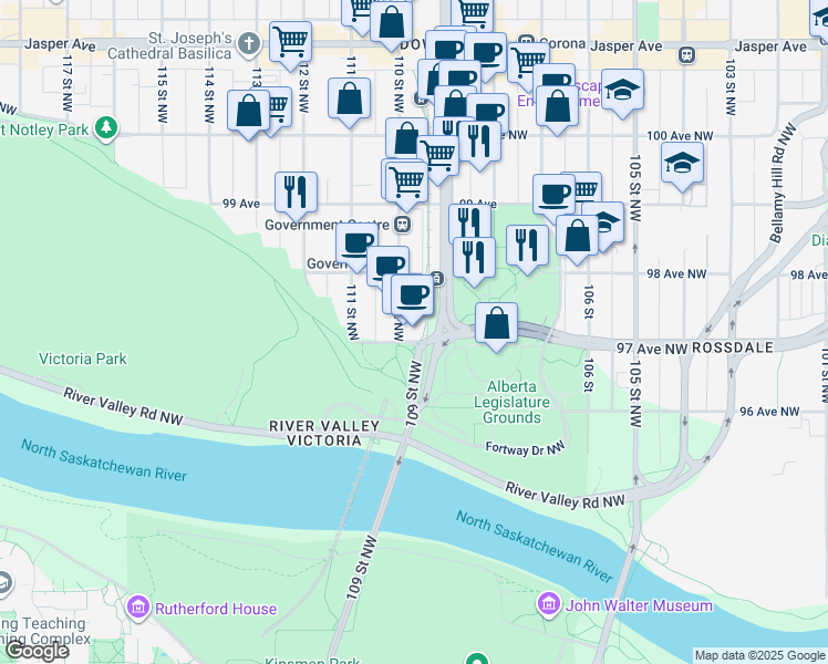 map of restaurants, bars, coffee shops, grocery stores, and more near 9707 110 Street Northwest in Edmonton
