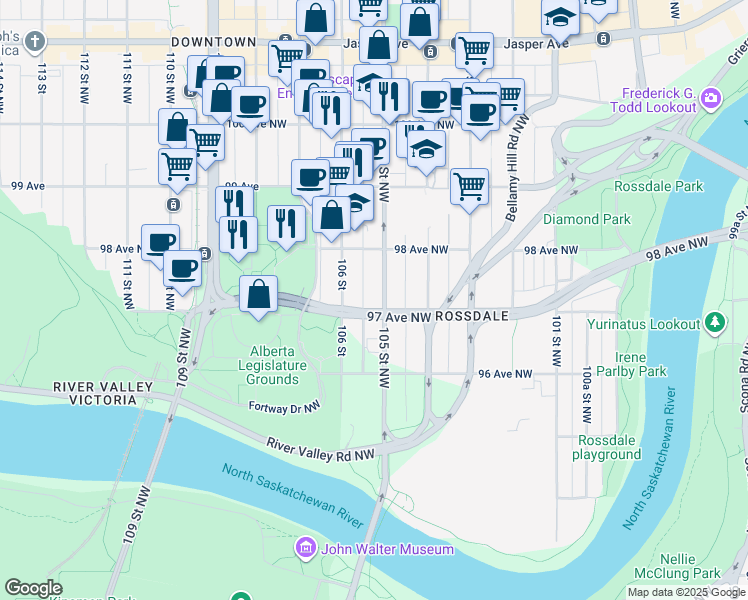 map of restaurants, bars, coffee shops, grocery stores, and more near 9732 105 Street Northwest in Edmonton