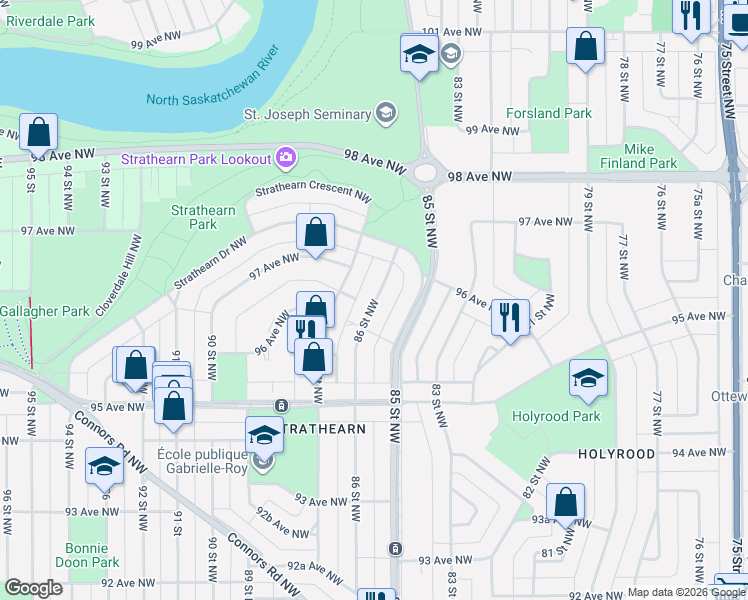 map of restaurants, bars, coffee shops, grocery stores, and more near 9638 86 Street Northwest in Edmonton