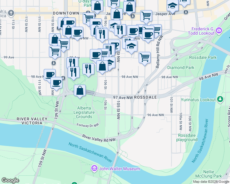 map of restaurants, bars, coffee shops, grocery stores, and more near 9732 105 Street Northwest in Edmonton