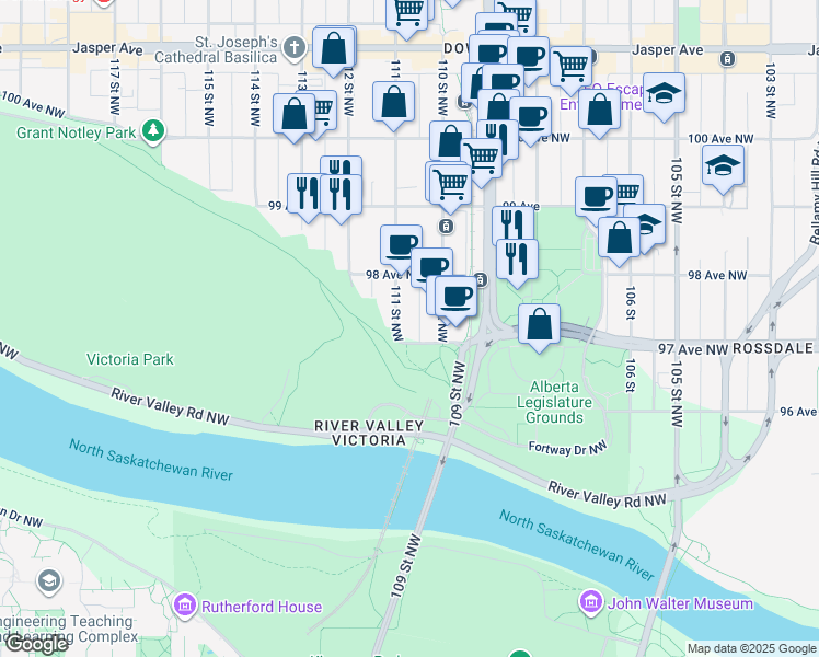 map of restaurants, bars, coffee shops, grocery stores, and more near 9717 111 Street Northwest in Edmonton