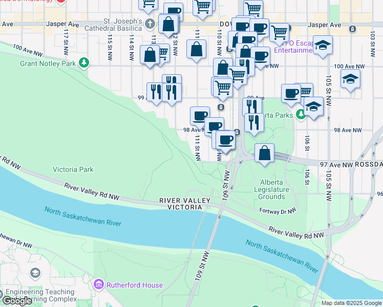map of restaurants, bars, coffee shops, grocery stores, and more near 9728 111 Street Northwest in Edmonton