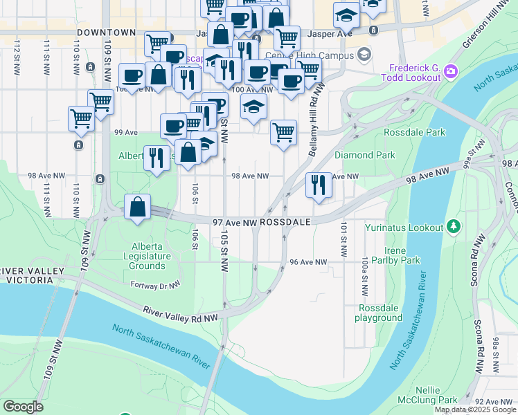 map of restaurants, bars, coffee shops, grocery stores, and more near 9747 104 Street Northwest in Edmonton