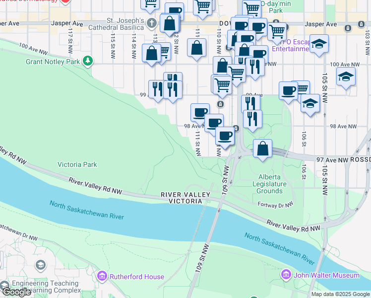 map of restaurants, bars, coffee shops, grocery stores, and more near 9728 111 Street Northwest in Edmonton