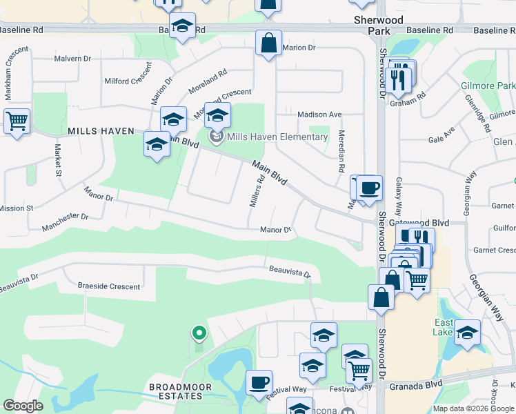 map of restaurants, bars, coffee shops, grocery stores, and more near 14 Millers Road in Sherwood Park