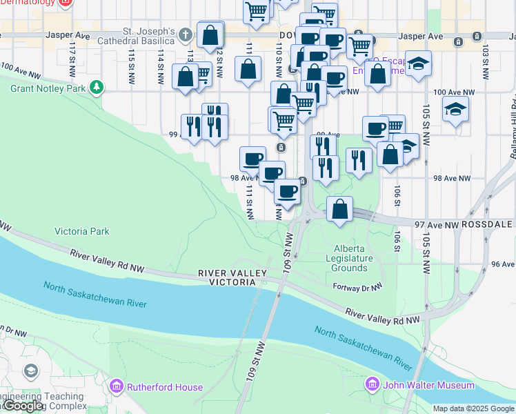 map of restaurants, bars, coffee shops, grocery stores, and more near 9728 110 Street Northwest in Edmonton