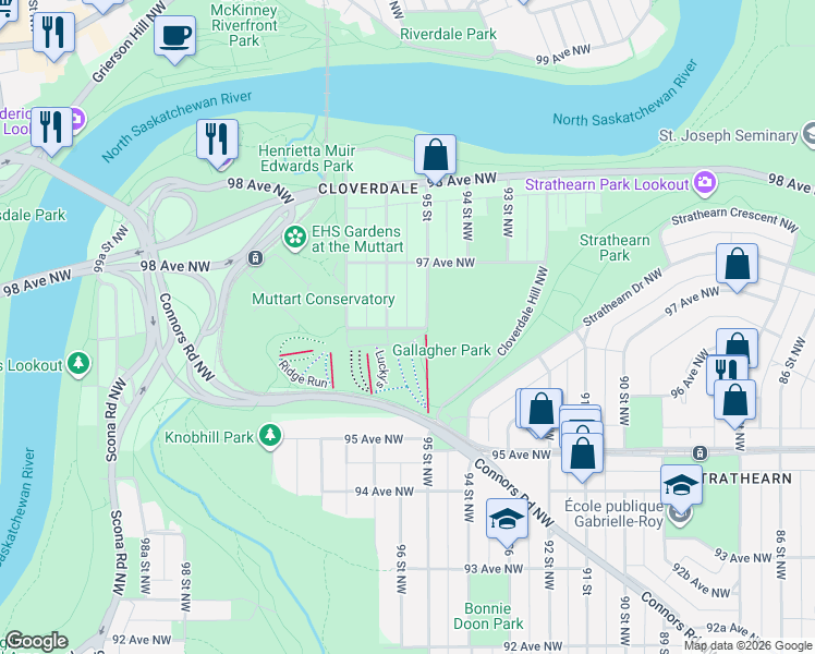 map of restaurants, bars, coffee shops, grocery stores, and more near 96 Avenue Northwest in Edmonton